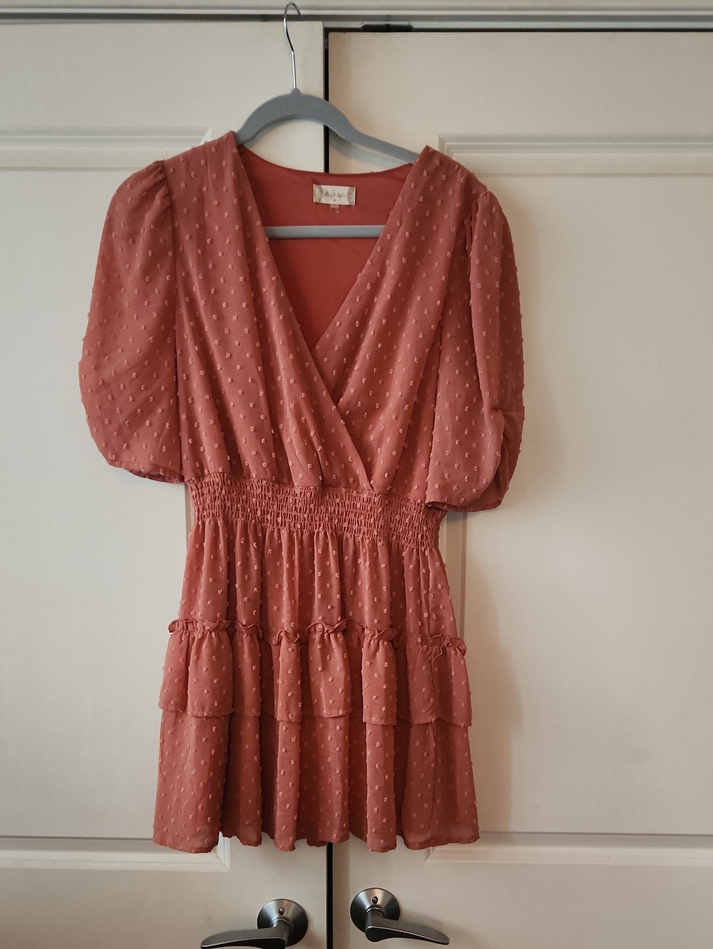 Altar'd State Dusty Rose Swiss Dot Tiered Mini Dress